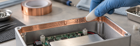 Illustrative scene of copper foil tape pressed along the edge of a metal electronics enclosure