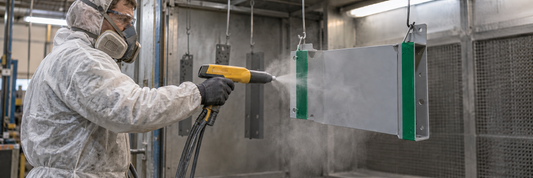 Photorealistic illustration of a worker powder coating a metal part with deep green polyester tape protecting contact surfaces