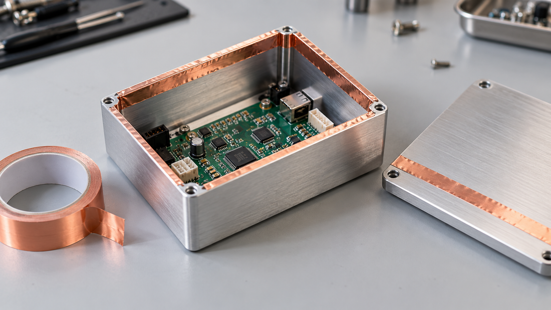 Illustrative application scene of copper shielding tape around an open aluminum electronics enclosure, with a copper tape roll and lid beside it