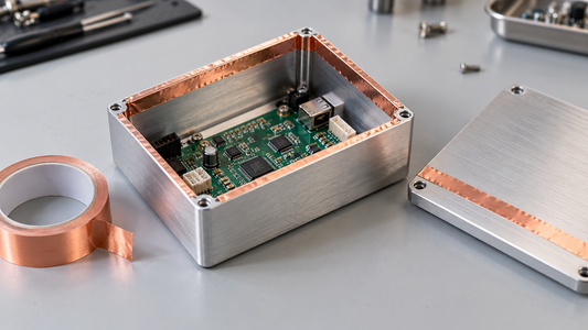 Illustrative application scene of copper shielding tape around an open aluminum electronics enclosure, with a copper tape roll and lid beside it