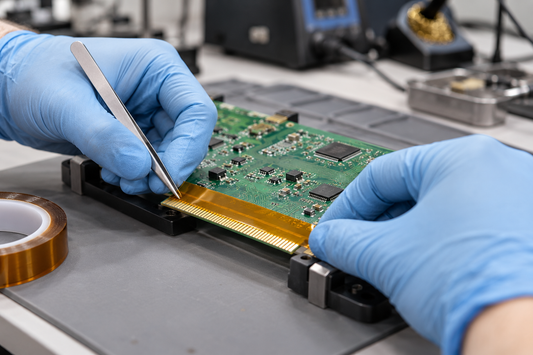 AI-generated application scene of a technician applying amber polyimide masking tape to a circuit board before soldering
