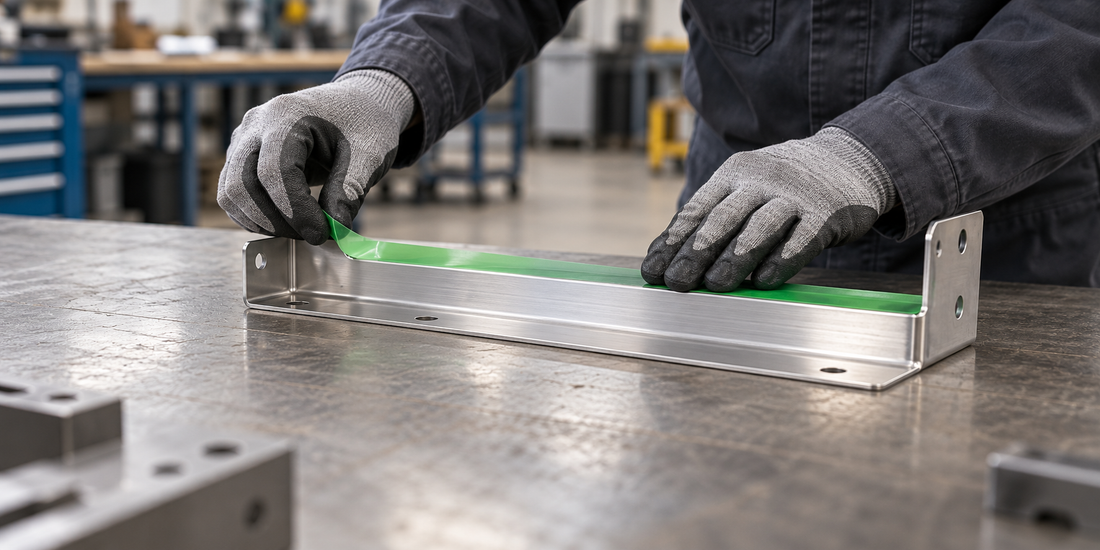 Illustrative application scene of gloved hands applying green polyester masking tape to a metal bracket before powder coating