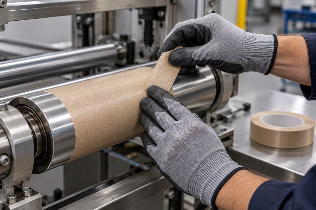 AI-generated illustration of gloved hands applying tan PTFE glass cloth tape to a stationary metal guide roller